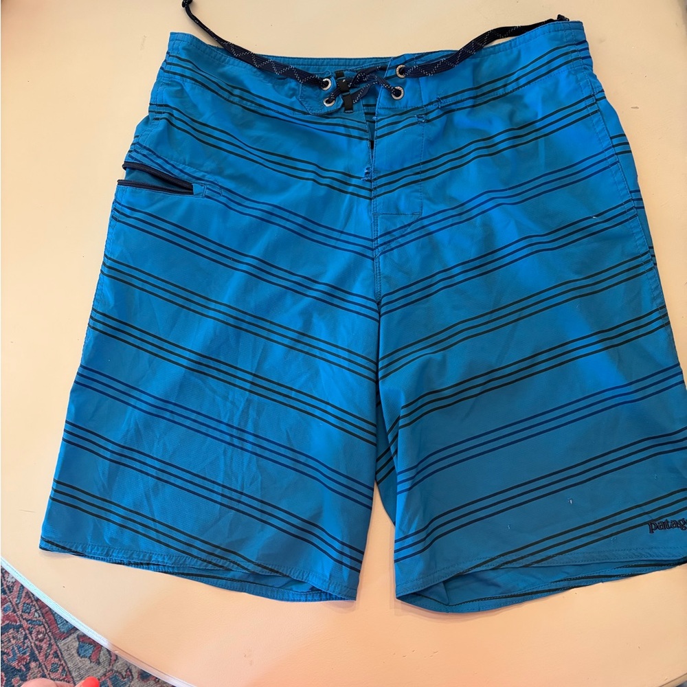 Patagonia Teal Blue Diagonal Stripe Board Shorts